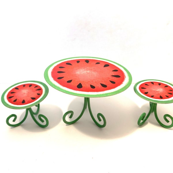 SALE Miniature Patio Collection Table & Stools Metal Watermelon Design Set of 3 Dollhouse Fairy Garden Furniture Home Decor Miniatures- FG31