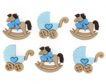 Baby Boy Buttons Collection Horse And Buggy Set of 6 Shank Back Jesse James Dress It Up Buttons Blue - 1176 E