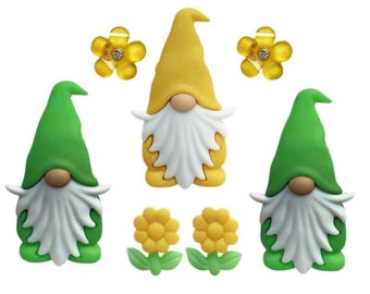 Garden Gnomes Buttons Collection Set of 7 Shank Back Rhinestone Flowers Flat Back - 1110