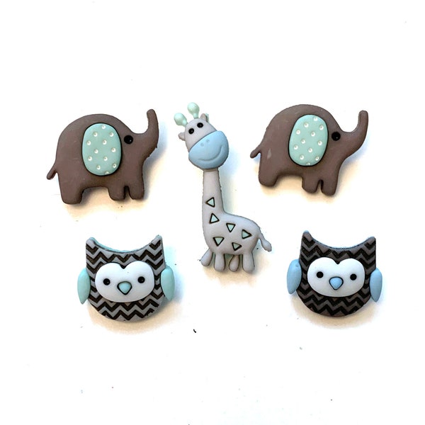 Jungle Baby Buttons Collection Set of 5 Shank Back Jesse James Dress It Up Buttons Owl Giraffe Elephant - 1290