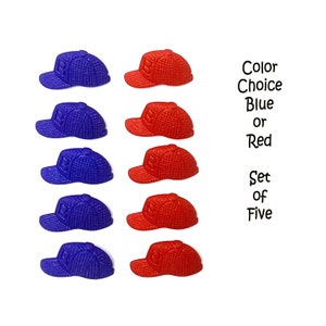 May include: A set of five miniature baseball caps in blue and red. The caps have a textured design and a curved brim. Text on the right side of the image reads "Color Choice Blue or Red Set of Five."