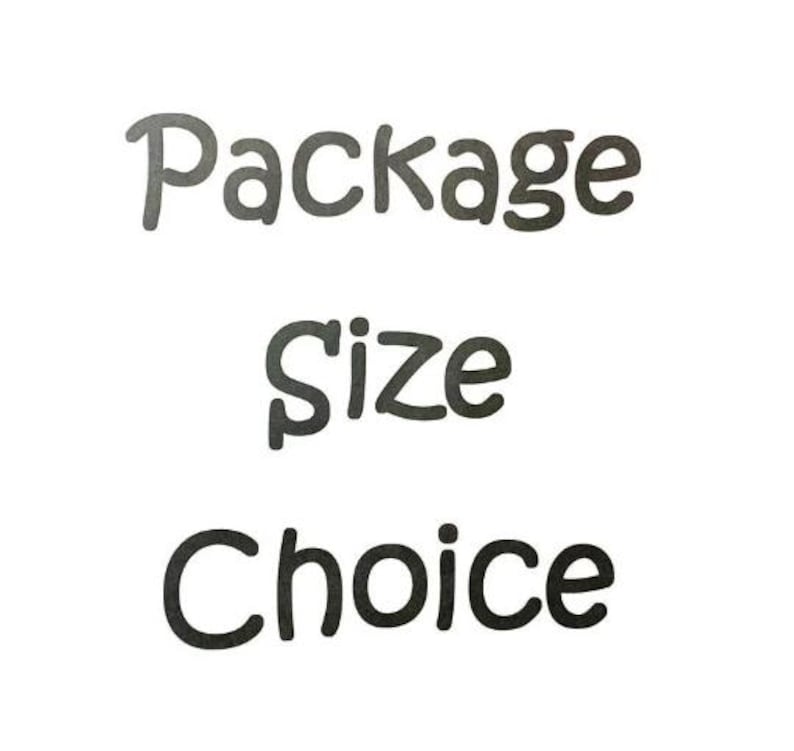 May include: White background with the words "Package Size Choice" in dark gray, rounded letters. The text is arranged vertically, with each word on a separate line.