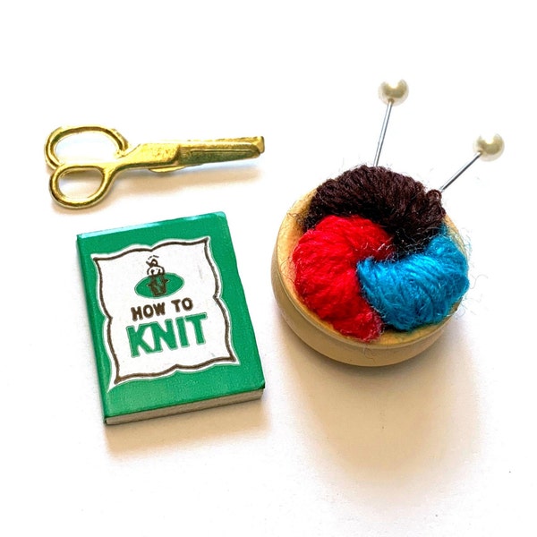 Miniature Knitting Bowl Set of 3 Book Scissor Yarn (Colors May Vary) Knitting Needles Dollhouse Home Decor Miniatures 1166 A W198