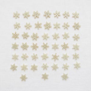 May include: A collection of forty-eight small, six-pointed star-shaped embellishments arranged in a grid. Each star features a textured, glittery off-white finish, creating a uniform appearance across the entire set of decorative pieces.