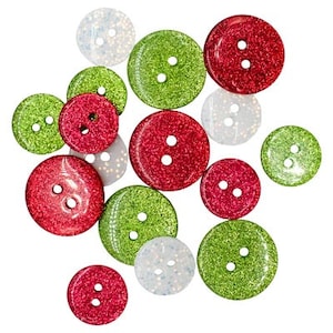 Round Christmas Glitter Buttons Galore Collection Holiday SANTA&#39;S SPARKLES Two Hole Sew Thru Flat Back - 1503 J