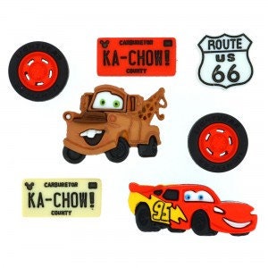 Disney CARS Buttons Collection Set of 7 Shank Back Mater Lightening McQueen Route 66 Tires Jesse James Dress It Up Buttons Licensed - D3