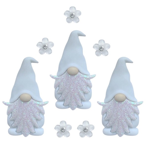 Wedding Gnomes Collection Set of 8 Shank Back Gnomes Buttons & Flat Back Rhinestone Flowers Embellishments - 158