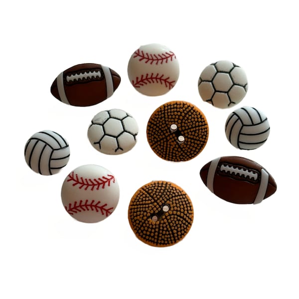 Sports Balls Collection Set of 10 Volleyball Baseball Football Shank Back Buttons Basketball Sew Thru Soccer Flat Back Buttons Galore - 830