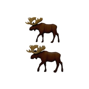May include: Two brown moose figurines with large, tan antlers are depicted against a white background. The moose are in a walking pose, showcasing their detailed features. These decorative items are suitable for home decor.