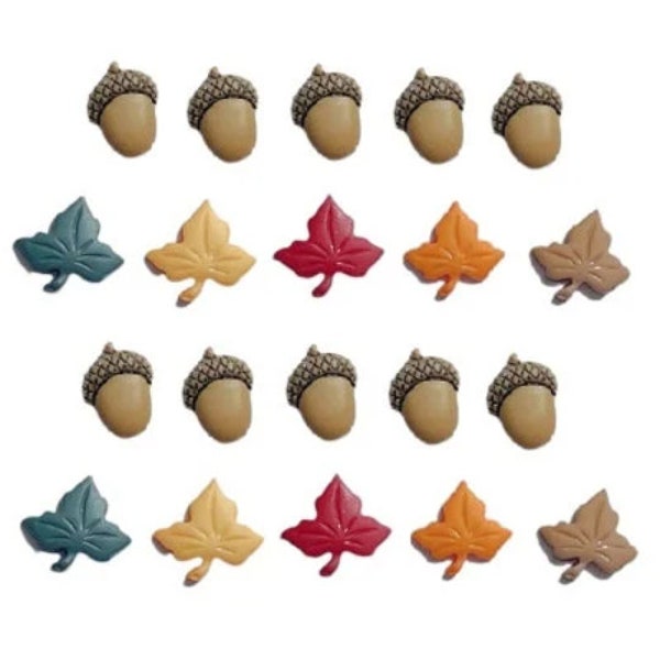 NEW Mini Leaves And Acorn Buttons Collection Forest Floor Set of 20 Shank Back - 1002 E