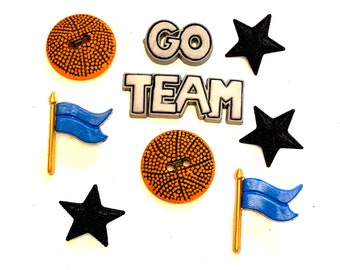 Basketball Buttons Collection – Go Team, Stars, Flags (Set of 9)
