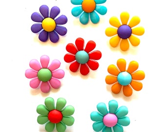 Funky Flowers Buttons Galore Collection Set of 8 Shank Back (Colors May Vary) - 1497