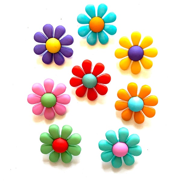 Funky Flowers Buttons Galore Collection Set of 8 Shank Back (Colors May Vary) - 1497