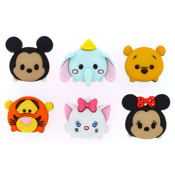 Disney Tsum Tsum Buttons Collection Set of 6 Shank Back Jesse James Dress It Up Buttons Dumbo Mickey Minnie Pooh Tigger Marie Licensed - D20