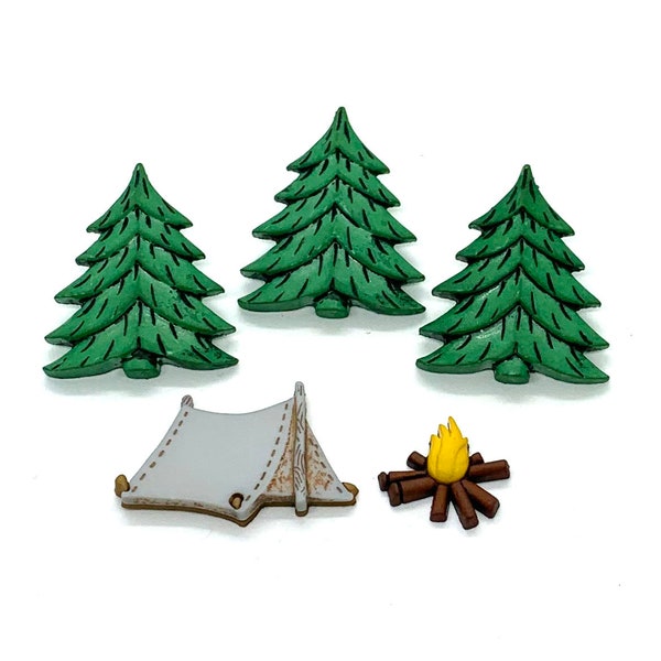 Tent Camping Embellishments Collection Set of 5 Shank and Flat Back Trees Campfire Jesse James Dress It Up Buttons - 1311 1477 118 A