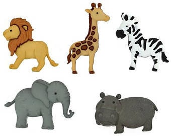 Zoo Buttons Collection Zoo Cuties Set of 5 Shank Back Jesse James Dress It Up Buttons Lion Giraffe Elephant Hippo Zebra - 1250