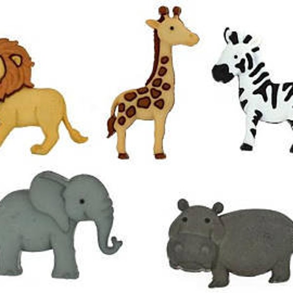 Zoo Buttons Collection Zoo Cuties Set of 5 Shank Back Jesse James Dress It Up Buttons Lion Giraffe Elephant Hippo Zebra - 1250