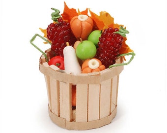 Miniature Vegetables Fruits Bushel Basket Wood Slates Dollhouse Food Home Decor Miniatures - 537 W159