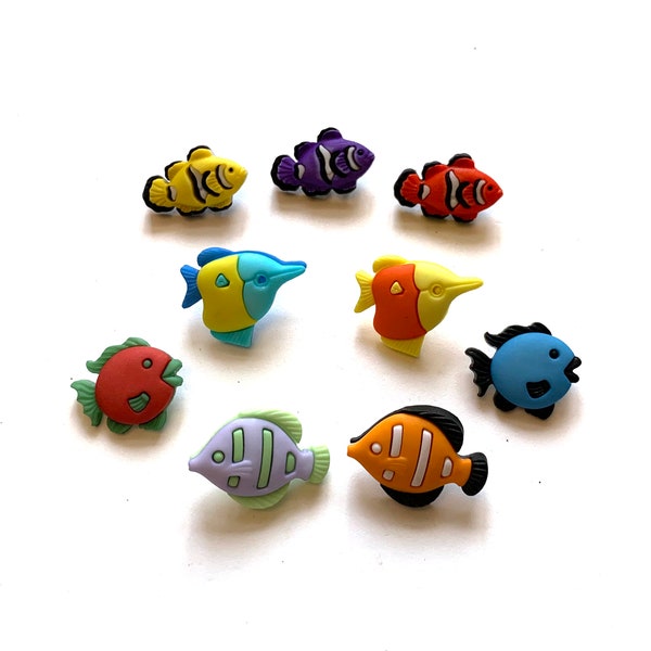 Tropical Fish Buttons Galore Collection Fishes Set of 9 Shank Back (Fish May Vary) - 1175 E