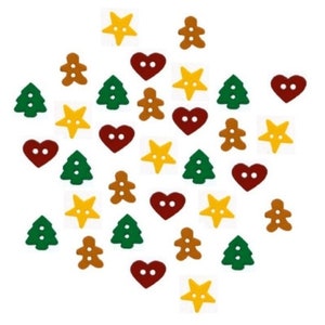 May include: A collection of Christmas-themed buttons in various shapes and colors. The assortment includes green Christmas trees, yellow stars, brown gingerbread men, and burgundy hearts, all with two small holes for sewing.