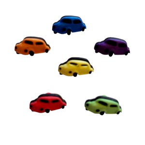 May include: A collection of six miniature toy cars in various colors: blue, orange, purple, yellow, red, and green. Each car has a black roof and wheels, set against a white background. These small cars are likely intended for decorative purposes or as collectibles.