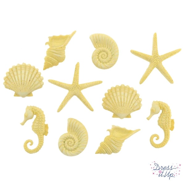 Seashell Buttons Collection Beach Beauties Shank Flat Back Choice Set of 10 Jesse James Buttons Seahorse Conch Clam Starfish Snail - 1332 B