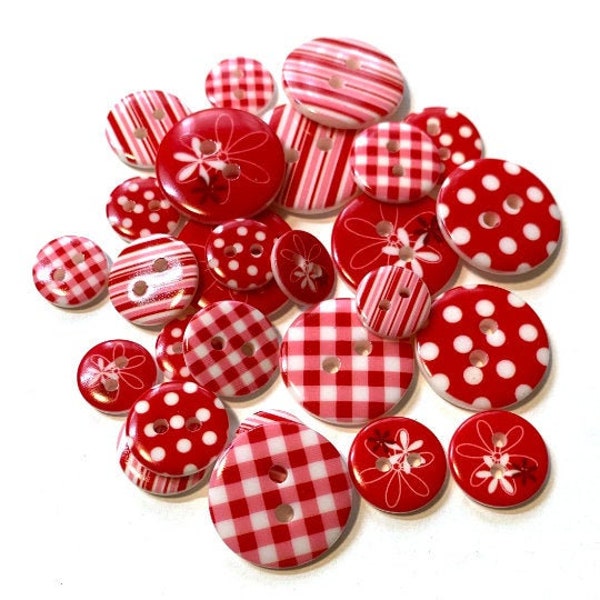 Red And White Round Buttons Multi-Print Collection Two Hole Sew Thru - 1180 K