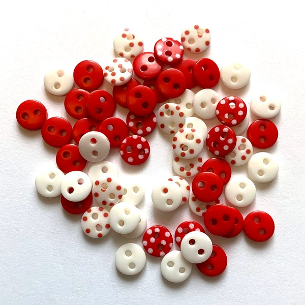 8MM Red And White Mini Buttons Collection Polka Dot & Solid Colors Sold By Weight Two Hole Sew Thru - M104