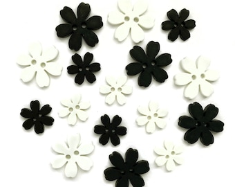 Black & White Flowers Buttons Galore Collection Boutonniere Set of 15 Two Hole Sew Thru Flat Backs - 1177 G