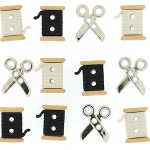 Sew Cute Spools & Scissors Button Collection Thread Set 12 Two Hole Sew Thru Flat Back Jesse James Dress It Up Buttons - 175 B