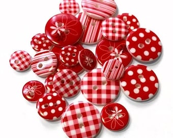 Red And White Round Button Multi-Print Collection Two Hole Sew Thru - 1180 K