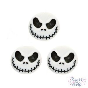 May include: Three white Jack Skellington face buttons with black eyes and stitched smiles. These round buttons are perfect for Halloween or themed crafts. The buttons are approximately 1 inch in diameter.