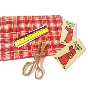 Miniature Sewing Collection Fabric Pattern Scissors Tape Measure Set of 5 Color Choice Dollhouse Home Decor Miniatures - 567