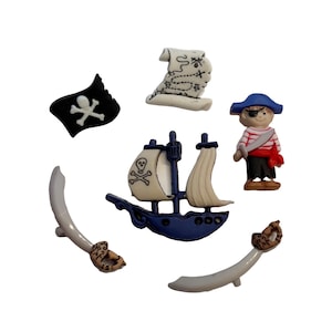 May include: A collection of pirate-themed embellishments. Includes a pirate ship, a pirate with an eye patch, a pirate flag, a treasure map, and two curved swords. The ship is blue and white, and the pirate wears a red and white striped shirt.