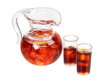 Miniature Ice Tea Pitcher & Glasses – Dollhouse Kitchen Decor- 1163 R