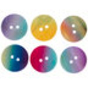 May include: Six colorful, round glass beads. Each bead is a gradient of two colors, including purple, blue, yellow, and red. The beads have a smooth, glossy finish and a small hole on each side.