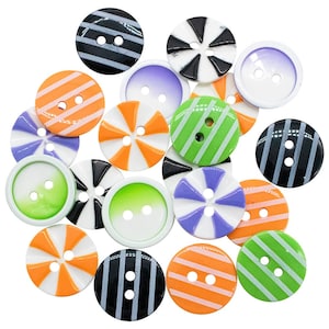 May include: A collection of colorful, round buttons with two or three holes. The buttons feature various designs, including stripes and radial patterns in orange, green, black, purple, and white. These buttons are ideal for sewing and craft projects.