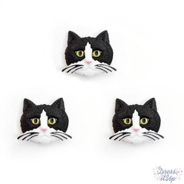 Black & White Cat Face Buttons Fuzzy Felines Shank Back Jesse James Dress It Up Buttons Pets - 1292 D