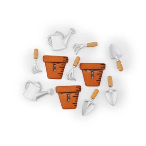 May include: An assortment of miniature gardening tools and terracotta pots are arranged on a white background. The set includes small watering cans, trowels, rakes, and pots, all with a detailed design.