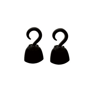 May include: Two black metal hooks with curved ends, set against a white background. The hooks have a bell-shaped base and a curved, hook-like top. The design is simple and symmetrical.