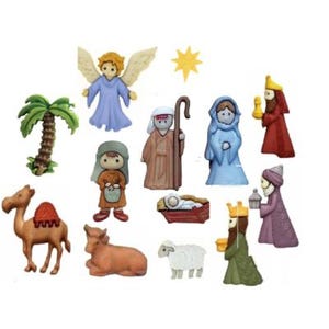 May include: A collection of miniature Christmas nativity scene figurines. The set includes figures of an angel, Mary, Joseph, the baby Jesus, the three wise men, a camel, a cow, a sheep, a palm tree, and a star.