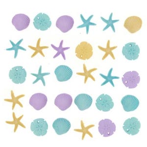 May include: An assortment of colorful, miniature sea-themed decorations. The image features various shapes, including starfish, seashells, and sand dollars, in shades of yellow, blue, and purple. These decorative elements are arranged on a white background.