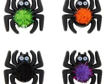 Spider Buttons Collection Set of 4 Pom Pom Center Purple Green Orange Black Shank Flat Back Choice - H118 E