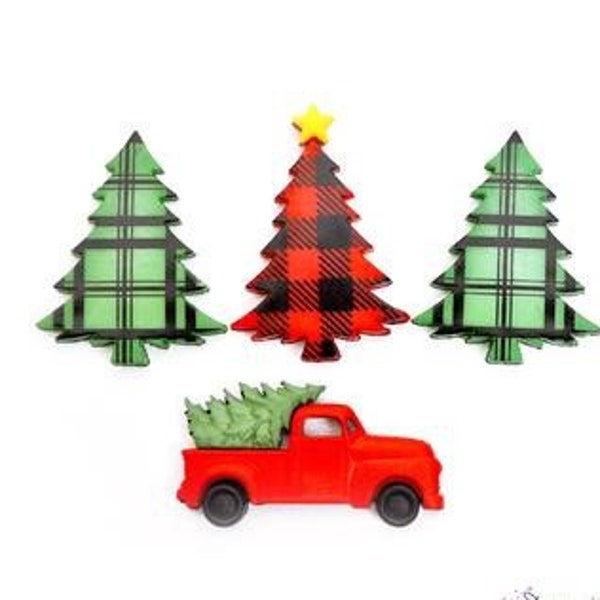 Christmas Buttons Collection Truck & Plaid Trees Home For The Holiday Set of 4 Shank Back Jesse James Dress It Up Buttons - 1526