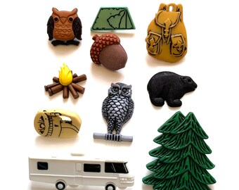 Camping Buttons Galore Collection RV Tree Campfire Owl Campfire Bear Acorn Buttons Set of 10 Shank & Flat Back Colors May Vary - 1176 B