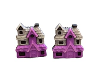 Mini Haunted House Halloween Buttons Galore Shank Back Purple - H103