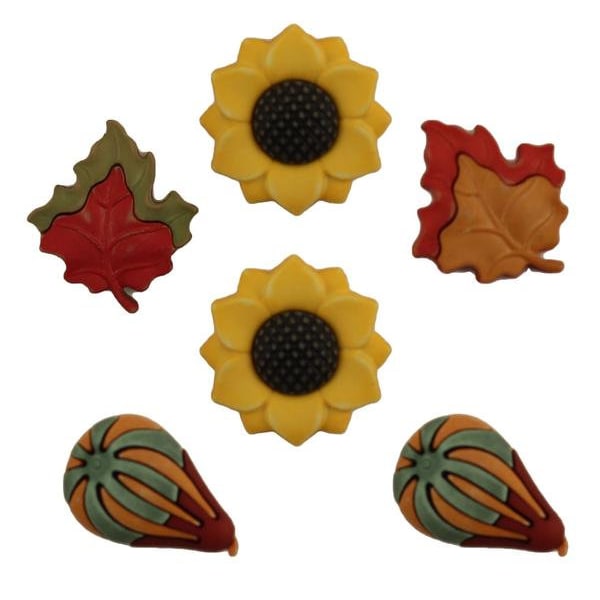 Autumn Splendor Buttons Galore Collection 3D Set of 6 Shank Back Sunflower Leaf Gourds - 563