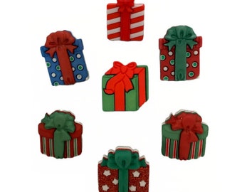 Presents Buttons Galore Collection Gifts 3D Christmas Joy Set of 7 Shank Back 1312