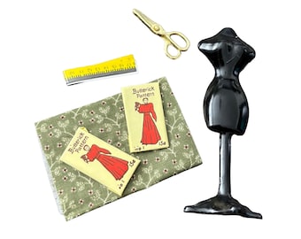 Miniature Dress Making Set – Dollhouse Mannequin, Fabric, Pattern, Scissors - 567