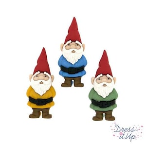 May include: Three garden gnome figurines with red hats, white beards, and various colored jackets. One gnome wears a yellow jacket, another a blue jacket, and the third a green jacket. Each has a black belt and brown boots.